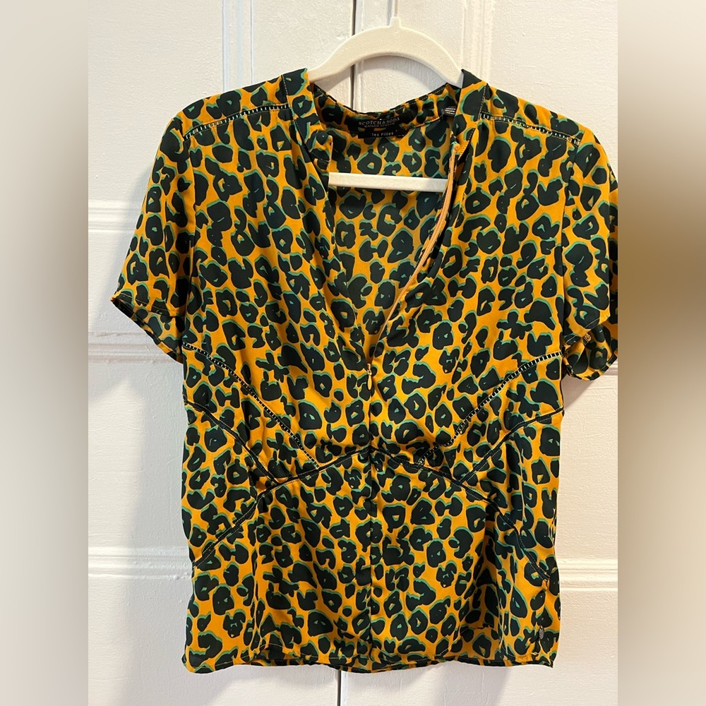 Scotch & soda zip front leopard blouse with ladder stitching